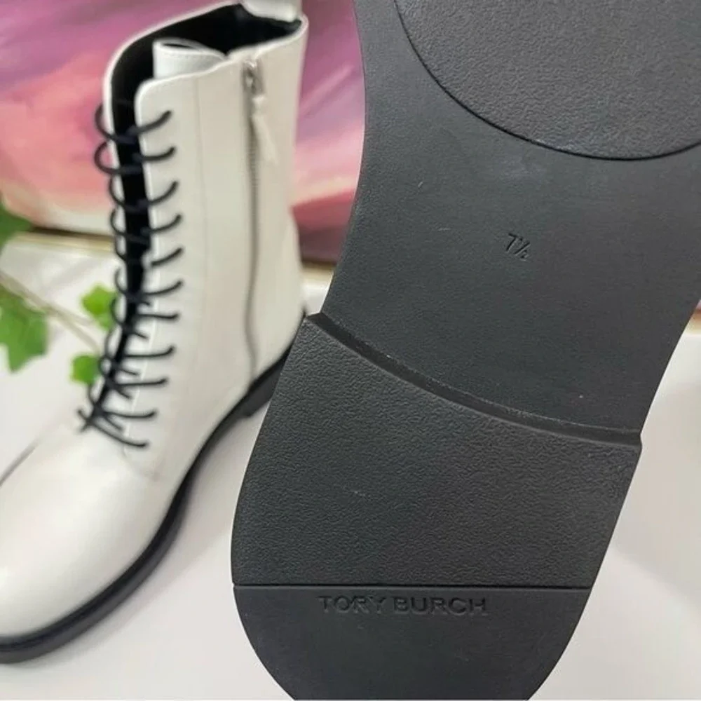 NWOB Tory Burch‎ Double-T Croc Embossed Combat Boot in Blanc Size 7.5
